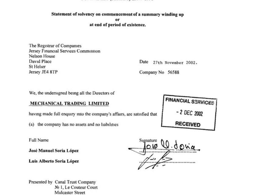 Documento firmado por el ministro Soria y su hermano.