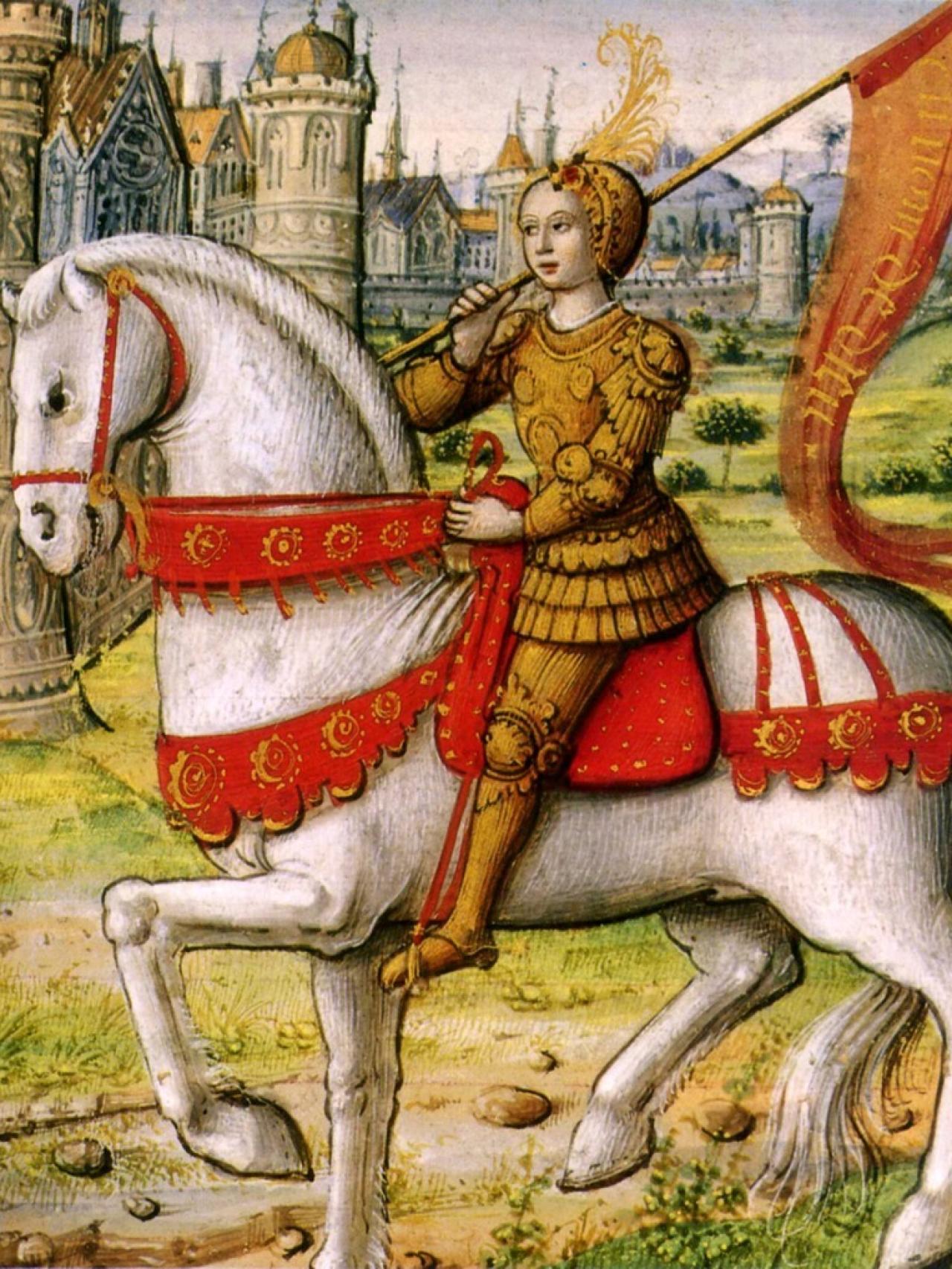 Juana de Arco a caballo, en una ilustración de un manuscrito de 1505.