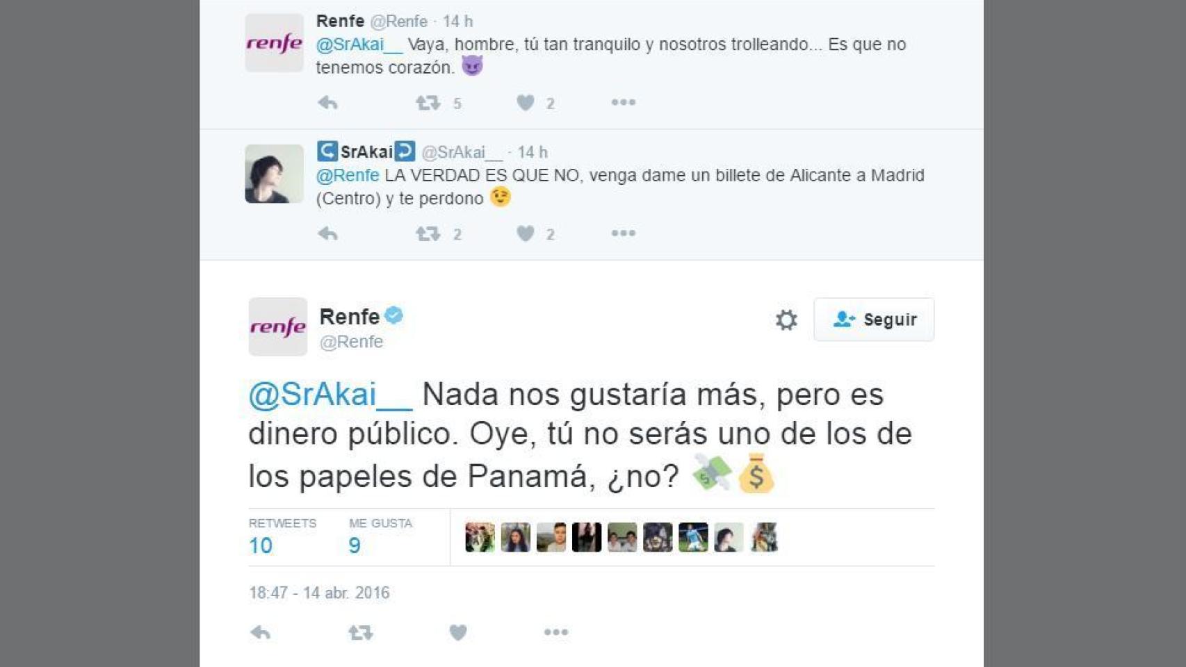 La cuenta de Twitter de Renfe trolea a un usuario