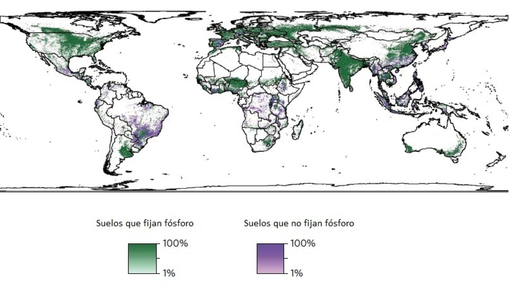 Mapa del mundo en función de la capacidad del suelo para fijar fósforo.