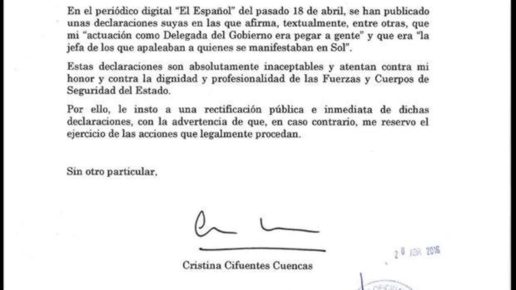 El burofax de Cifuentes a Maestre.