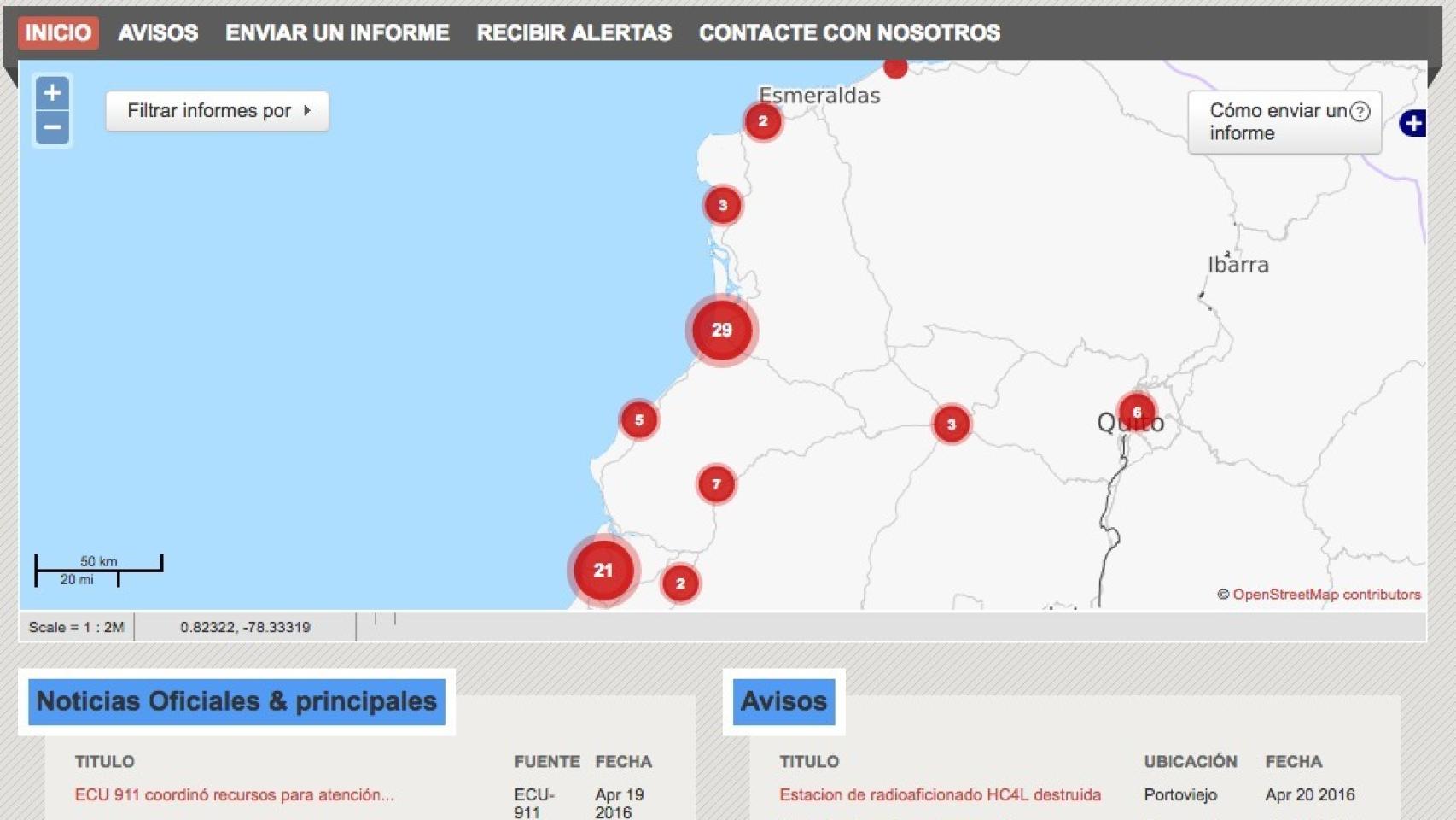 Pantalla del mapa con los avisos.