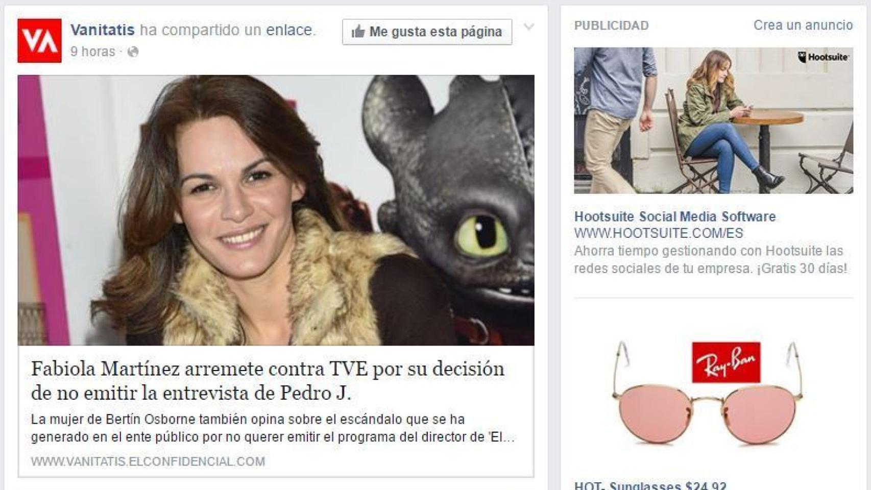 El post de Facebook con la noticia.