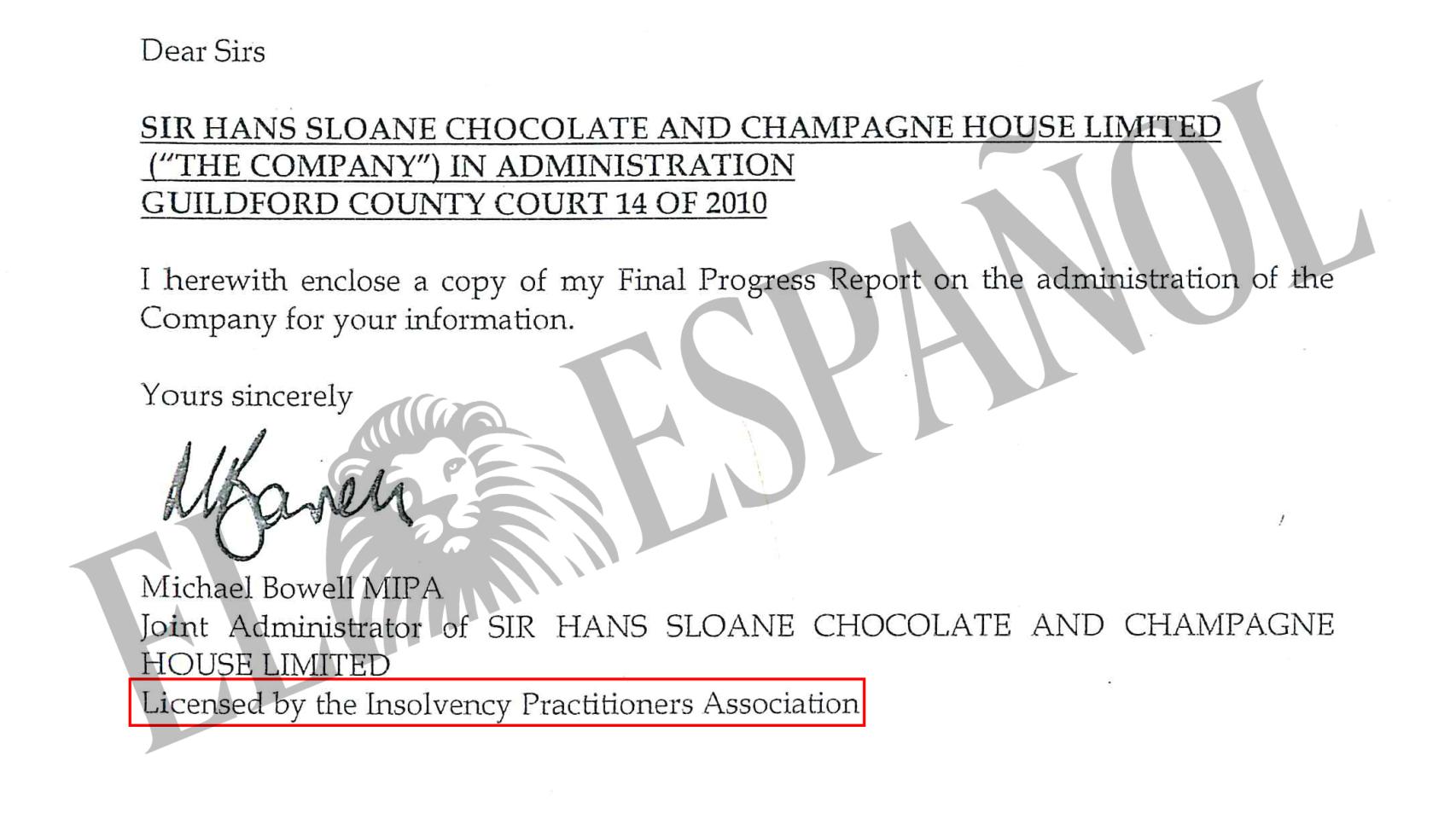 Certificado concursal de la empresa de CSW en 2010.