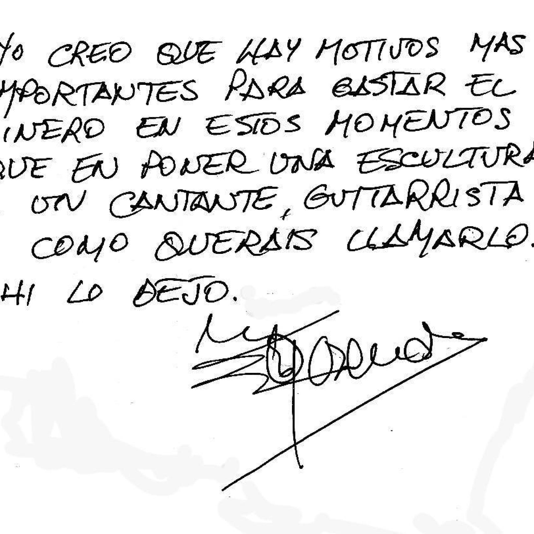 Nota de Rosendo rechazando su estatua en Carabanchel