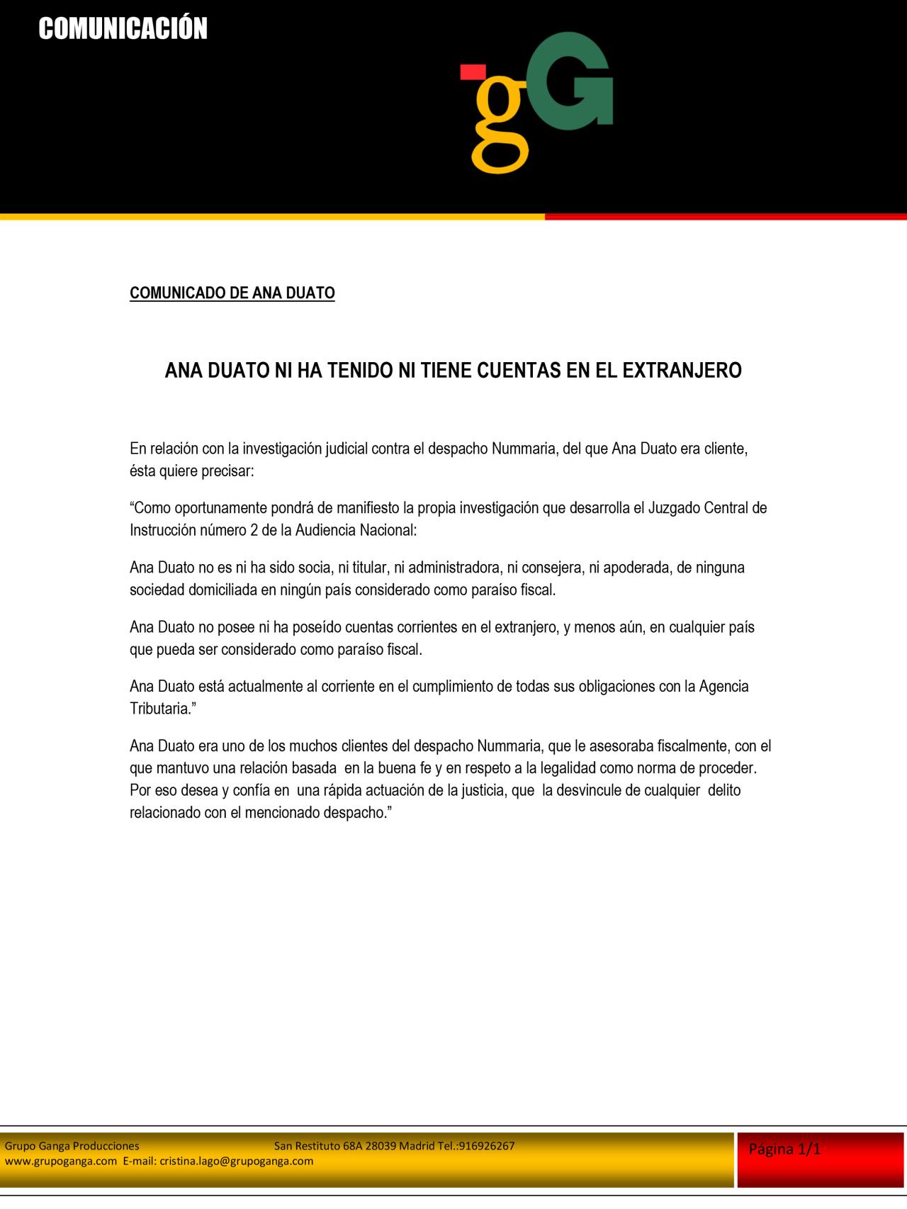 Comunicado distribuido por Ana Duato.