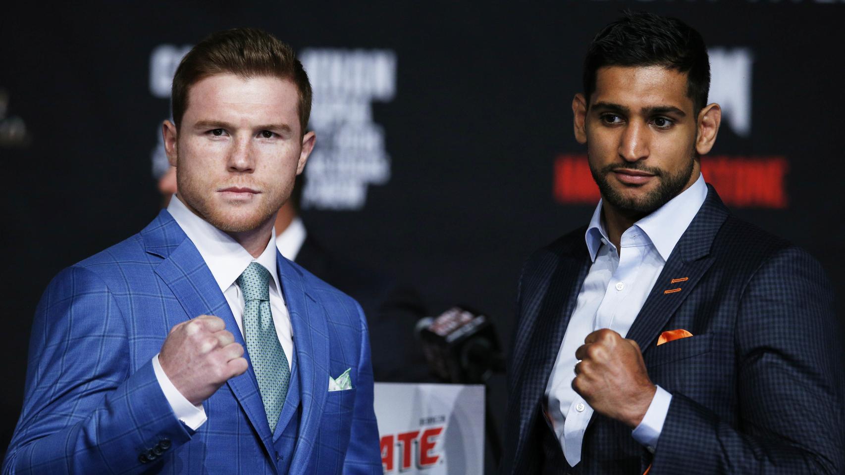 Canelo y Khan durante la presentación oficial de su combate.
