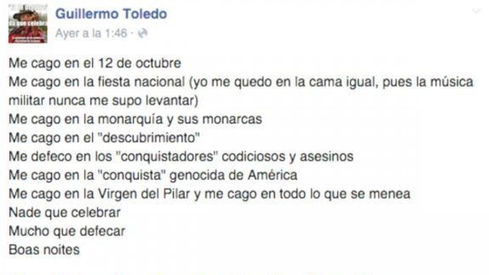 Publicación en Facebook de Guillermo Toledo