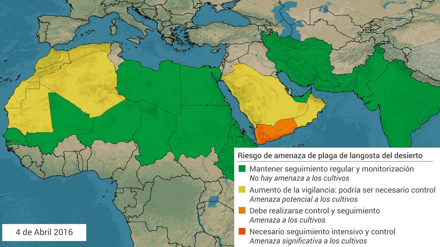 Riesgo percibido o amenaza de los brotes actuales de langosta del desierto.