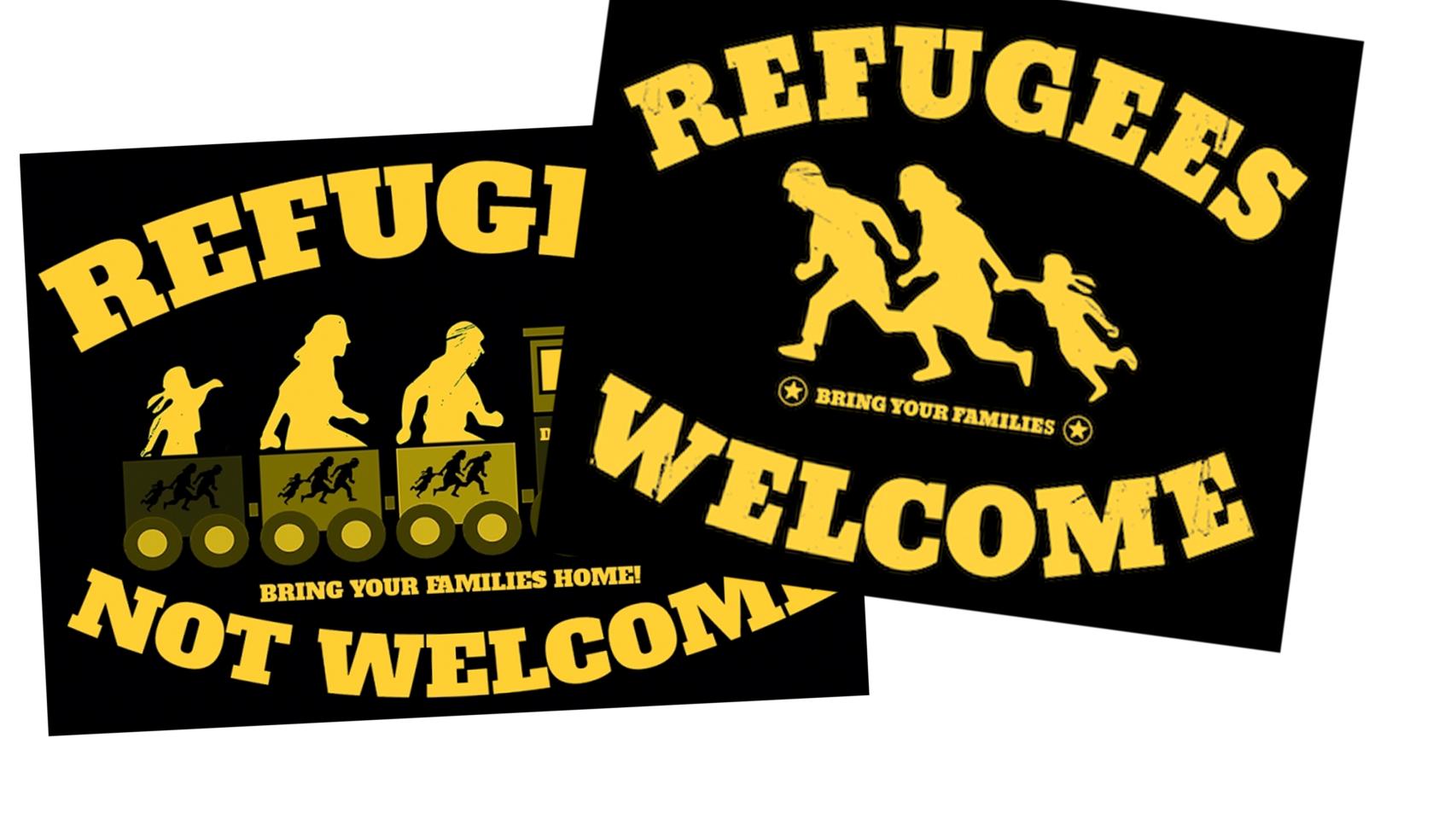 Otras de las pegatinas de la muestra: refugees not welcome.