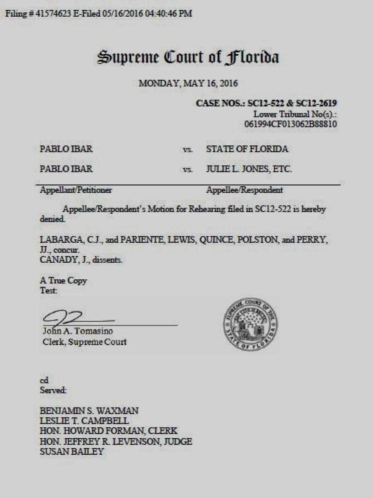 Documento con el que el Tribunal Supremo de Florida desestima el recurso del fiscal y ofrece un nuevo juicio a Pablo Ibar.