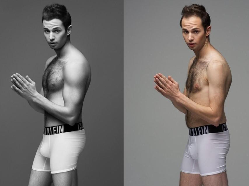 Zach Kornfeld imitando la fotografía de Justin Bieber con y sin Photoshop