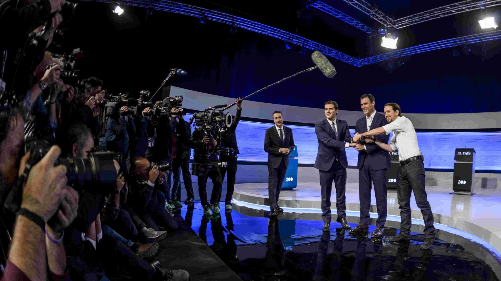 Iglesias, Sánchez y Rivera, durante un debate antes del 20-D