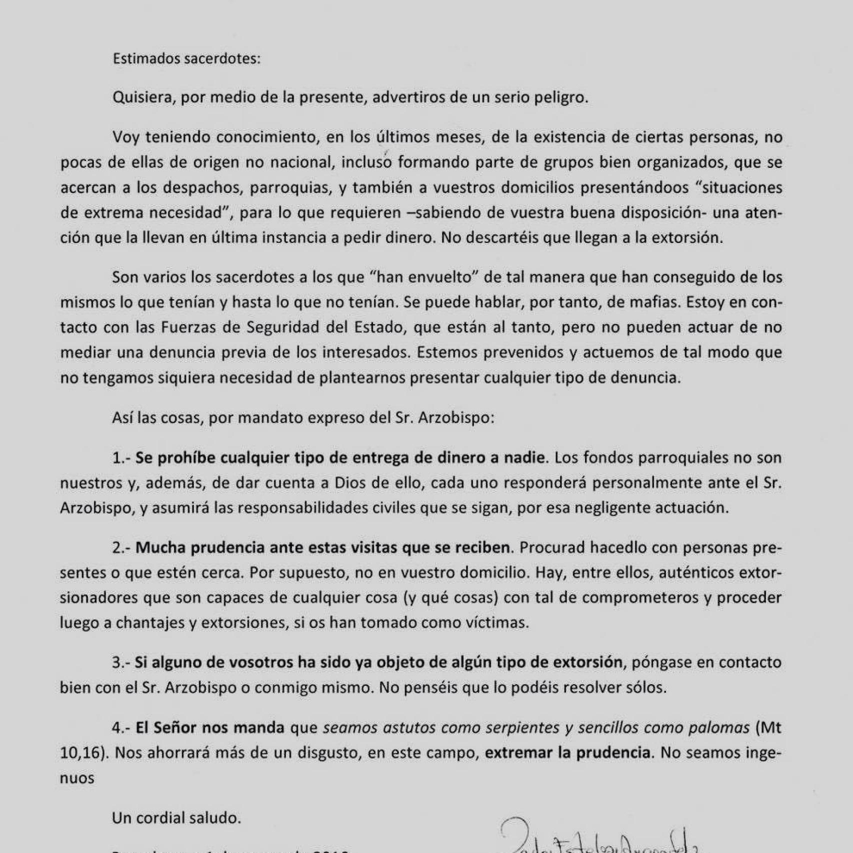 Carta que envió el Arzobispado a los sacerdotes.
