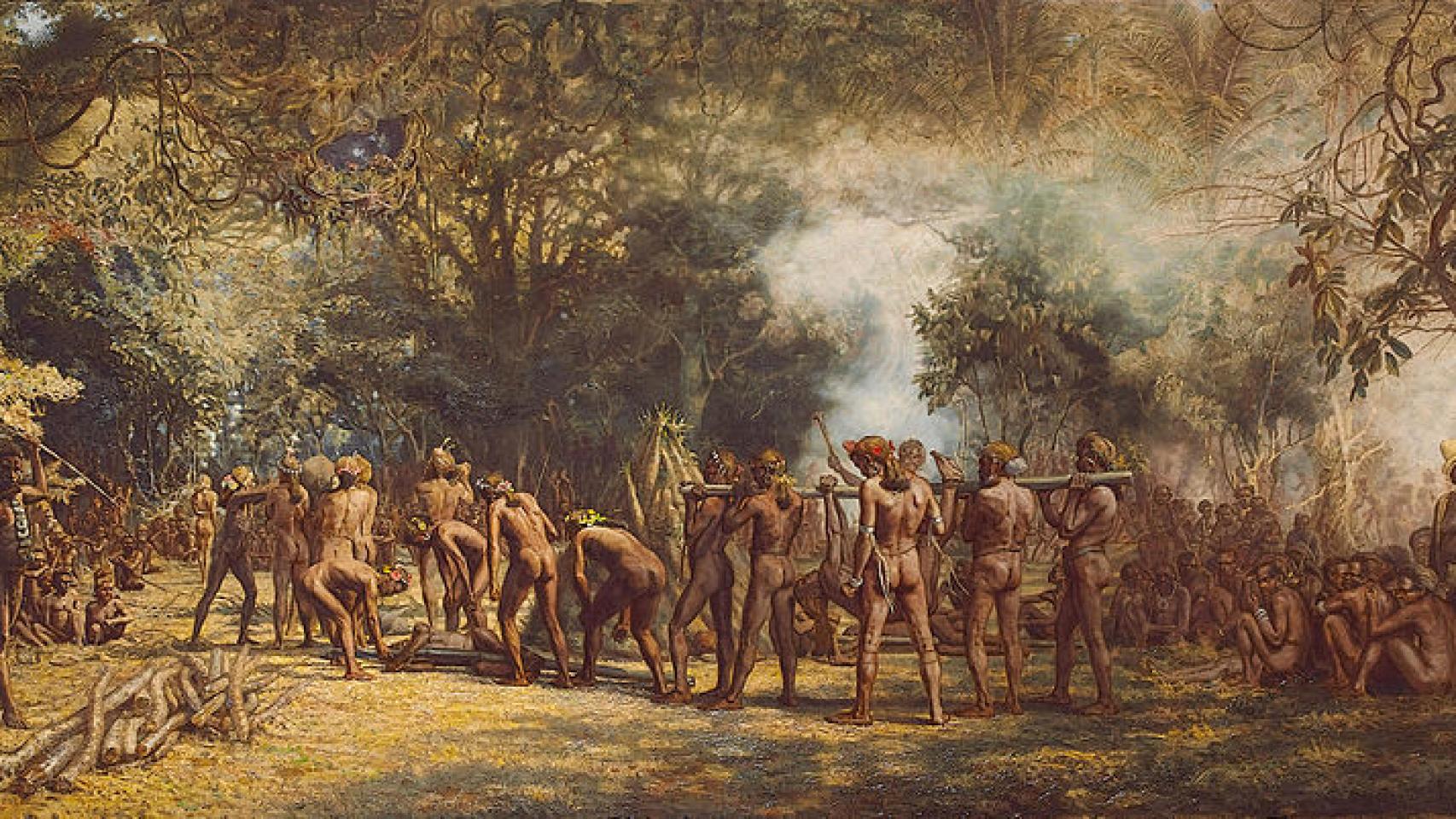 La obra Festín canibal en la isla de Tanna, de Charles E. Gordon Frazer (1863-1899)