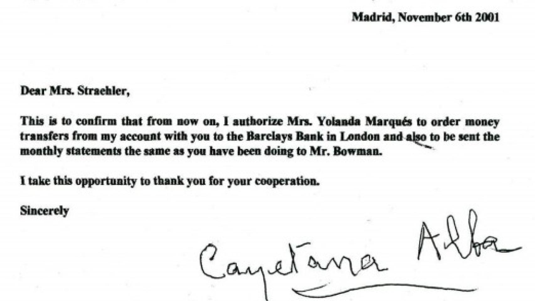 Autorización para su gestora firmada por Cayetana de Alba.