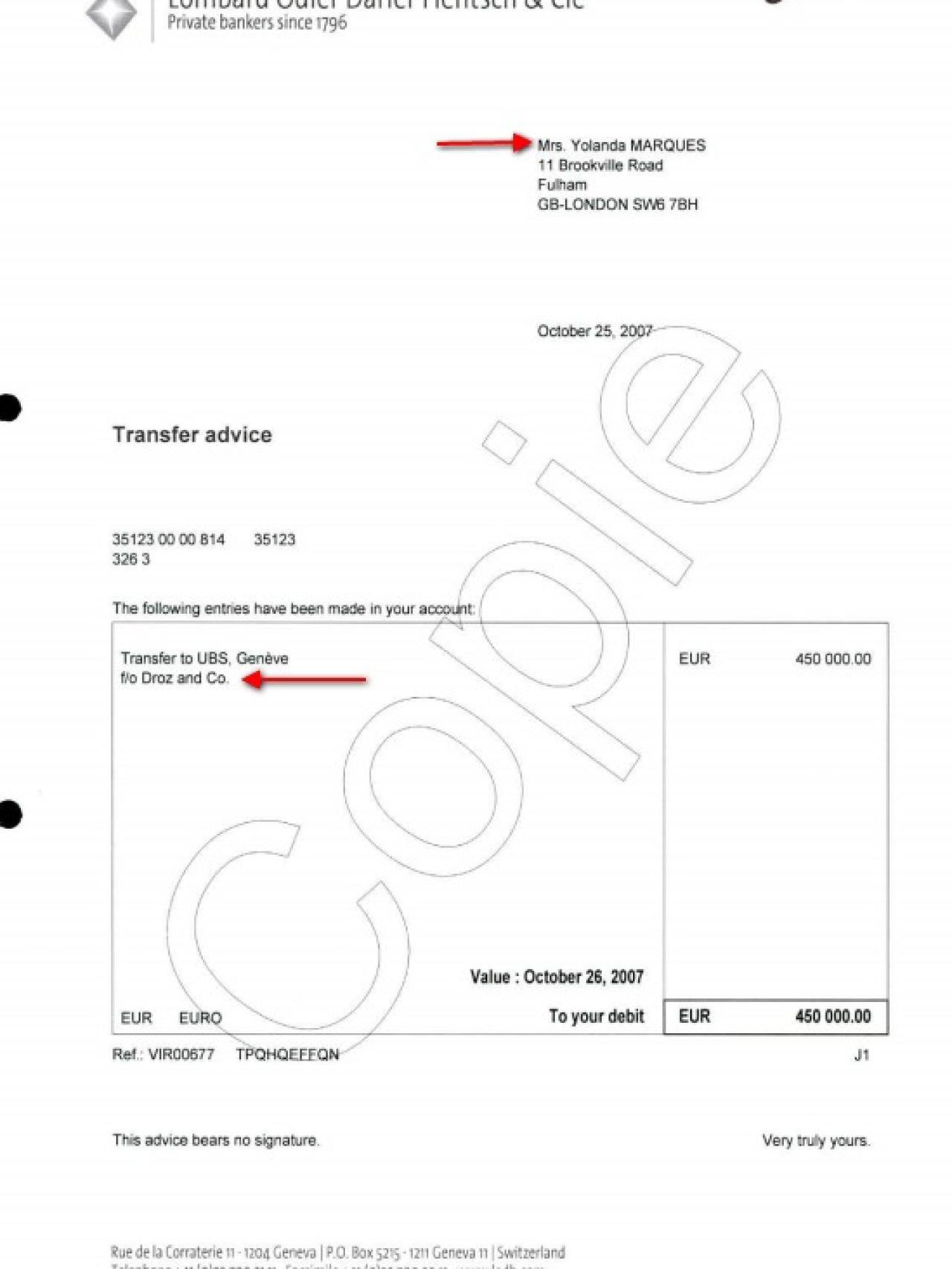 Extracto de la transferencia enviada a la empresa de Marjaliza.