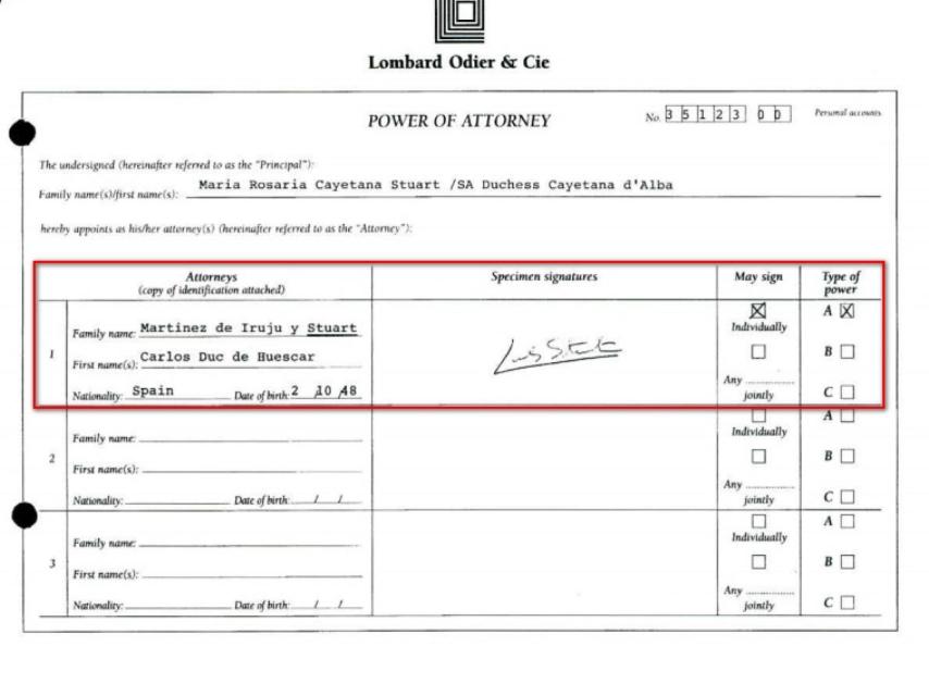 Cartilla de firmas de Carlos Martínez de Irujo en la cuenta de su madre.