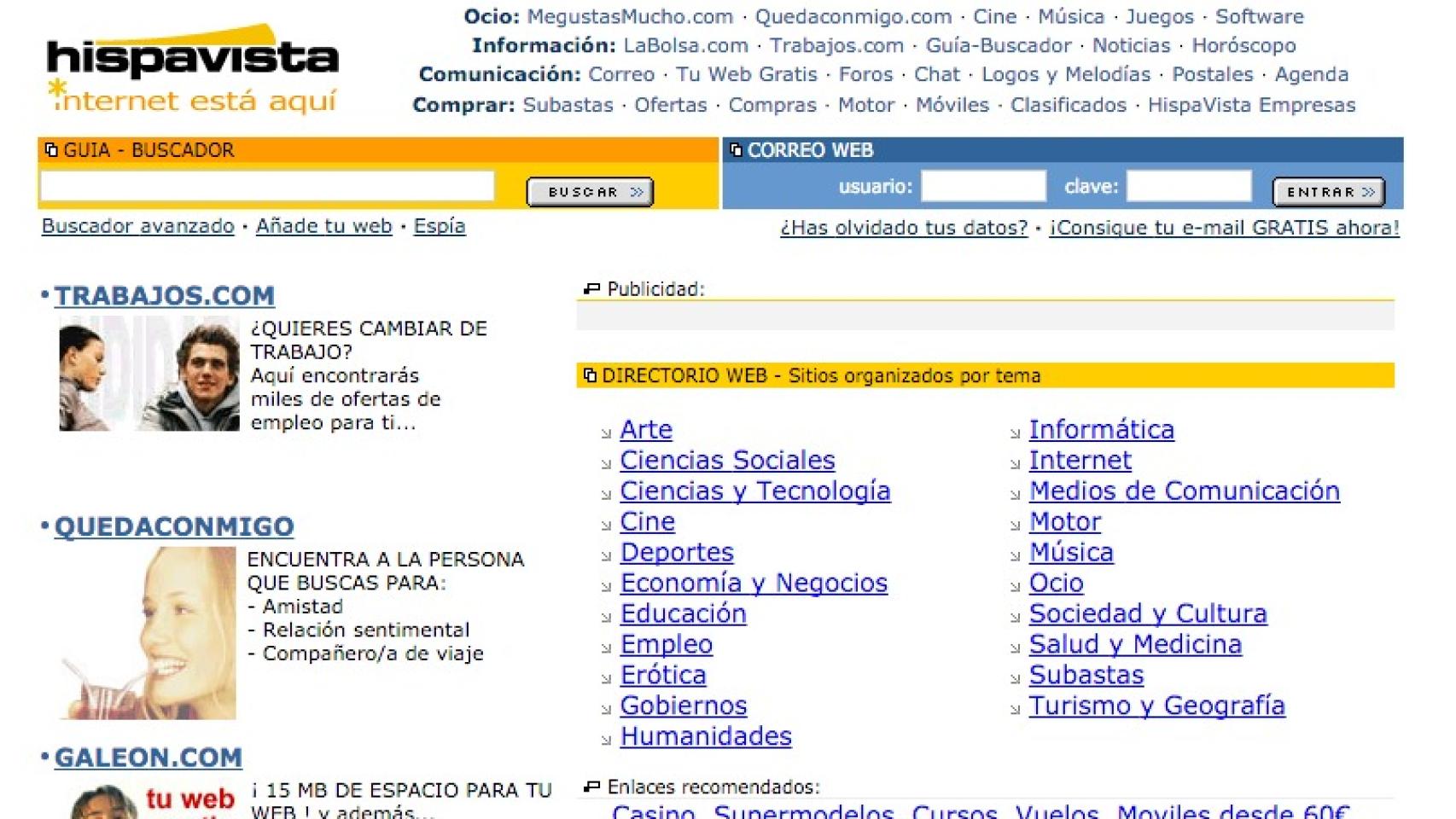 Así era la portada de inicio de Hispavista hacia 1996.