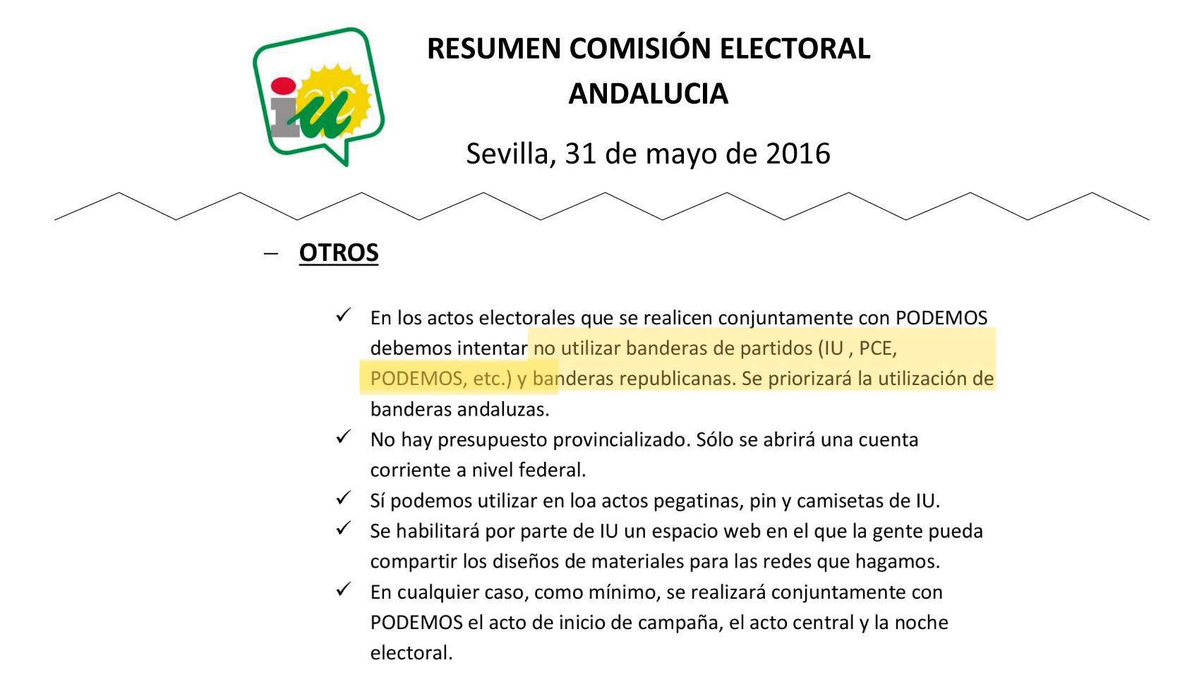 El documento de la comisión electoral de IU en Andalucía.