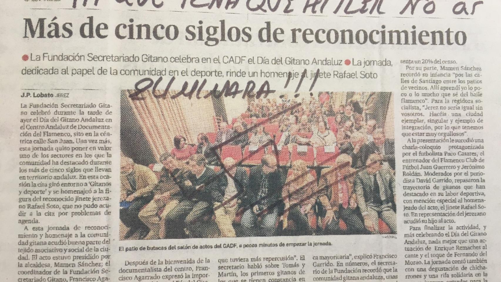 Un recorte de prensa anónimo que recibió el Secretariado Gitano de Jerez