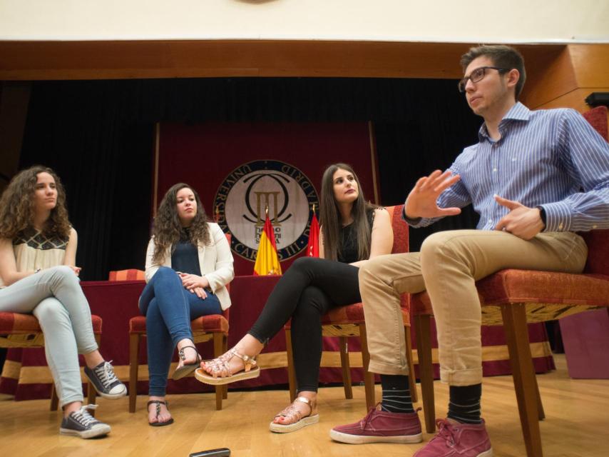 Los miembros de Demos, en el Aula Magna de la Universidad Carlos III.