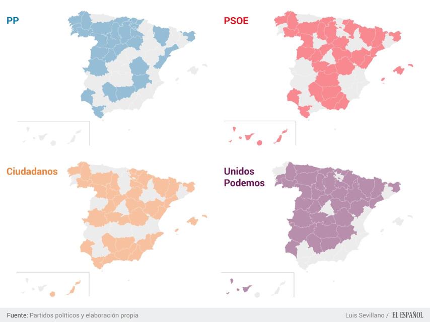 En los mapas se muestran las provincias a las que no acudirá cada partido