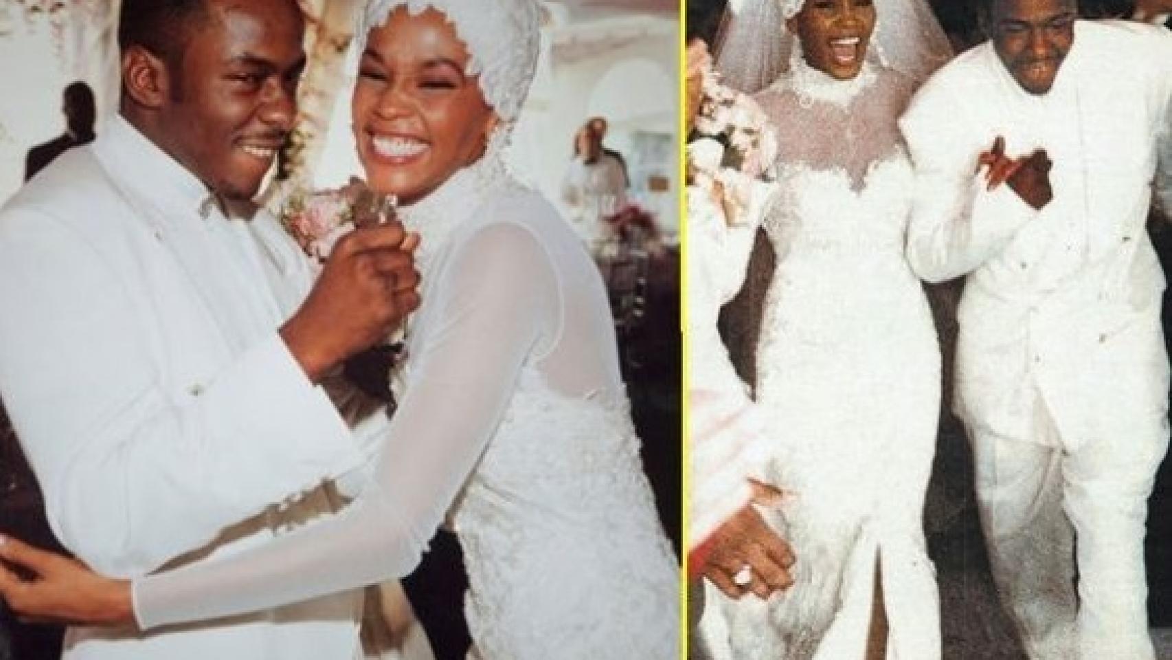 La cantante Whitney Houston el día de su boda con Bobby Brown en 1992
