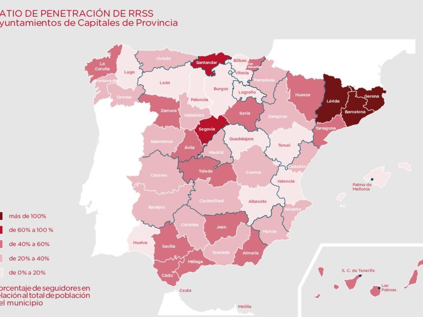 Mapa con la penetración en redes sociales de los ayuntamientos.