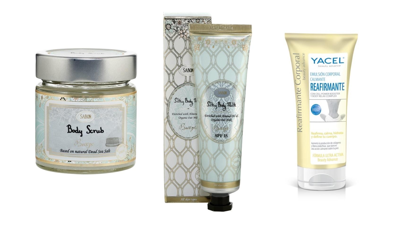 De izq. a dcha. exfoliante de Breeze, Silky Body Milk de Breeze y crema reafirmante de Yacel.