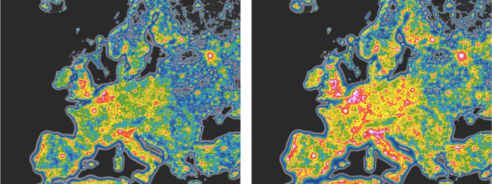 A la izquierda, contaminación lumínica actual. A la derecha, con la expansión del LED.