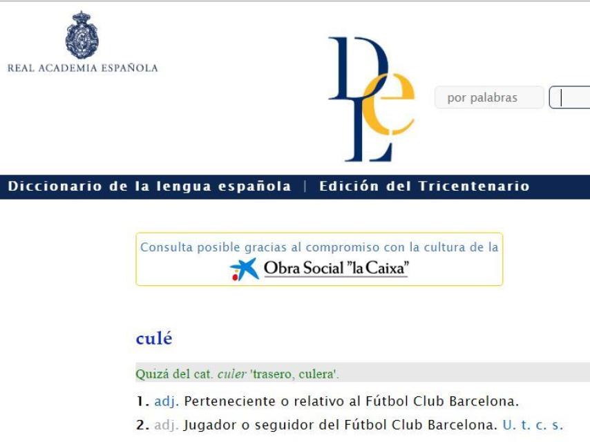 Definición de culé que aparece en el Diccionario de la RAE.