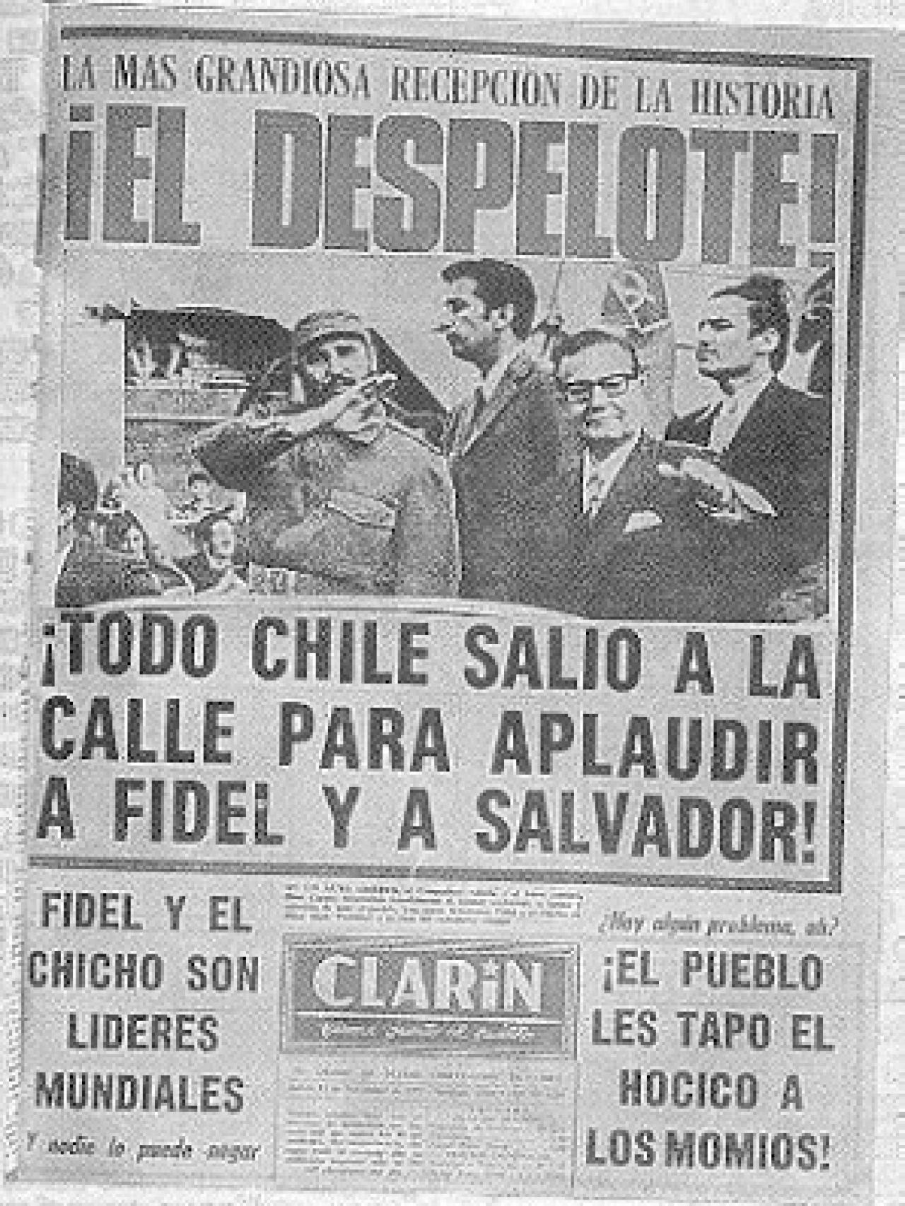 Portada del diario Clarín a propósito de la visita de Castro a Chile.