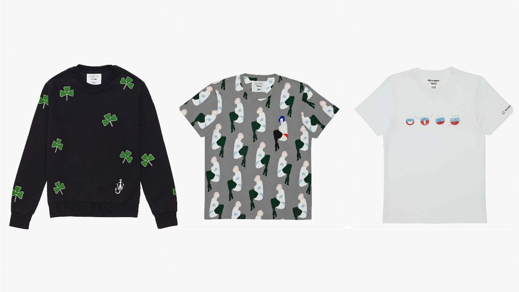 De izqda. a dcha. Sudadera de J.W.Anderson (Irlanda) y camisetas de Nina Ricci (Francia) y Vika Gazingskaya (Rusia).