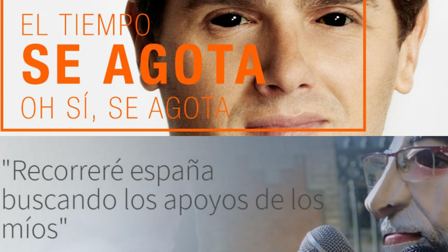Arriba, la web de 'El Mundo Today' sobre Ciudadanos; abajo, uno de los lemas relativos al PP.