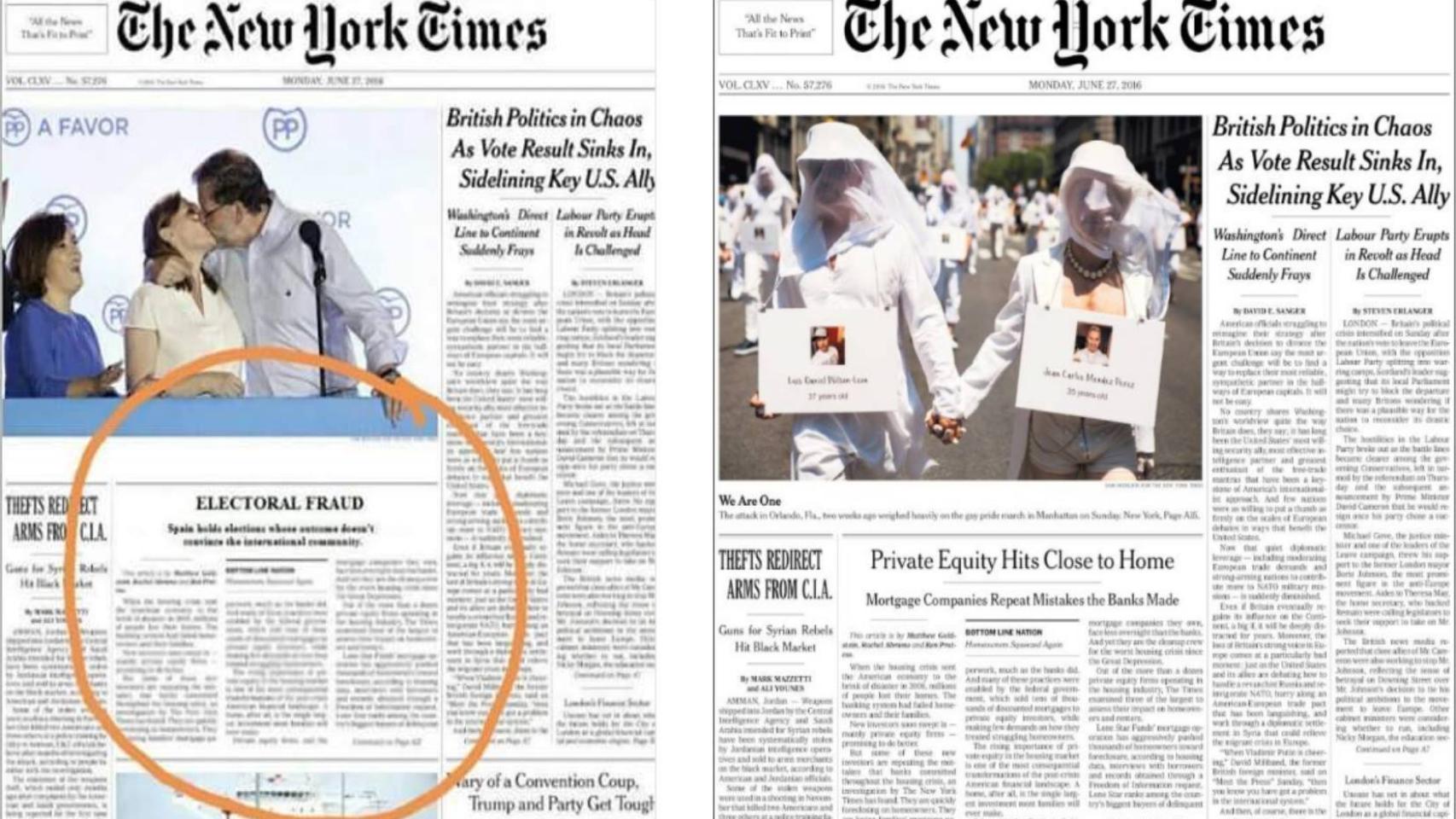 A la izquierda, la portada manipulada; a la derecha, la real.