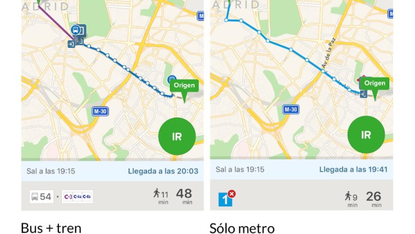 Imagen que compara la diferencia de tiempo antes y durante la obra entre Vallecas y la Puerta del Sol.