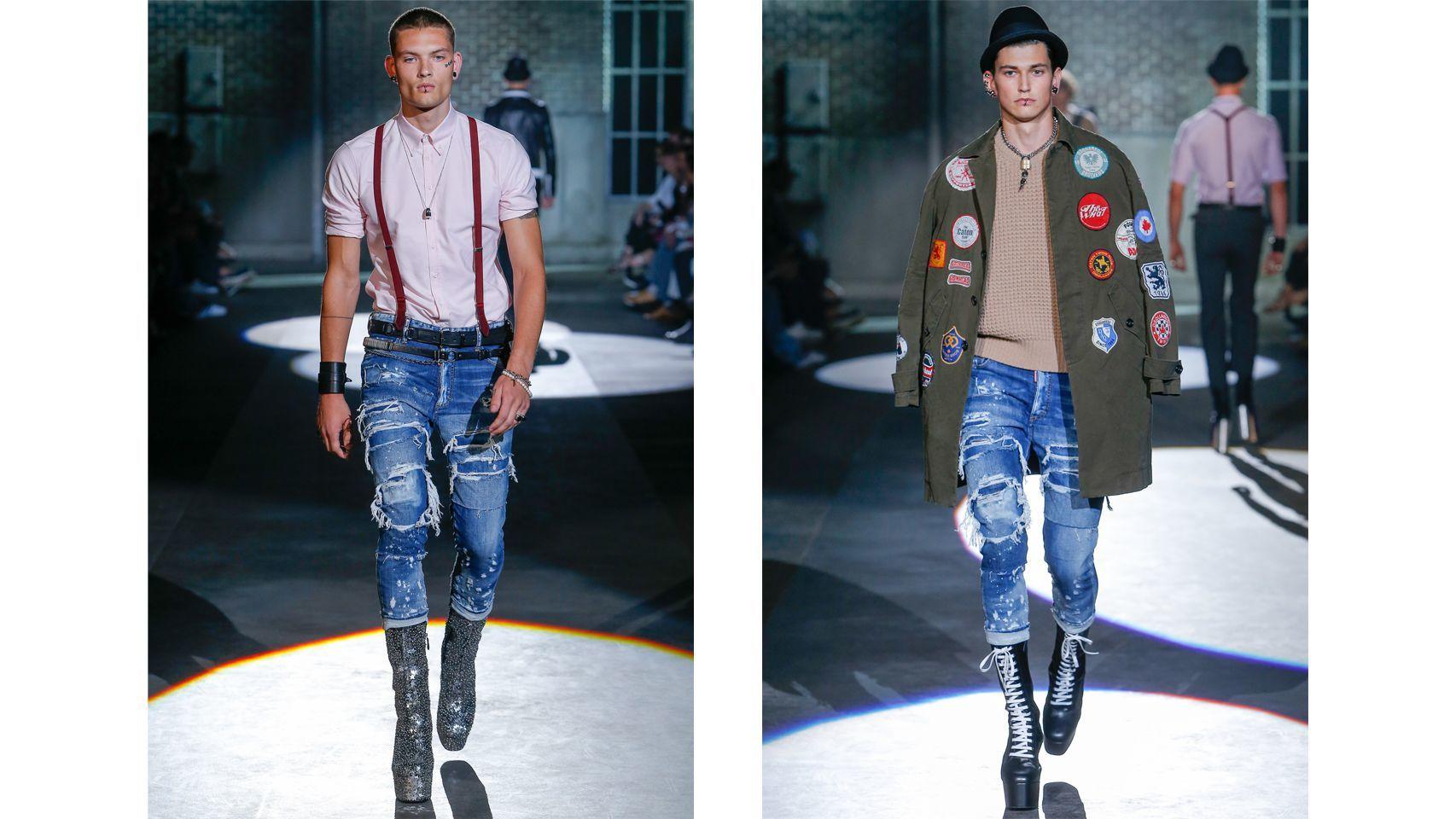 Modelos desfilando para Dsquared2, que propone las botas de plataforma como nueva tendencia masculina para la primavera del año que viene.