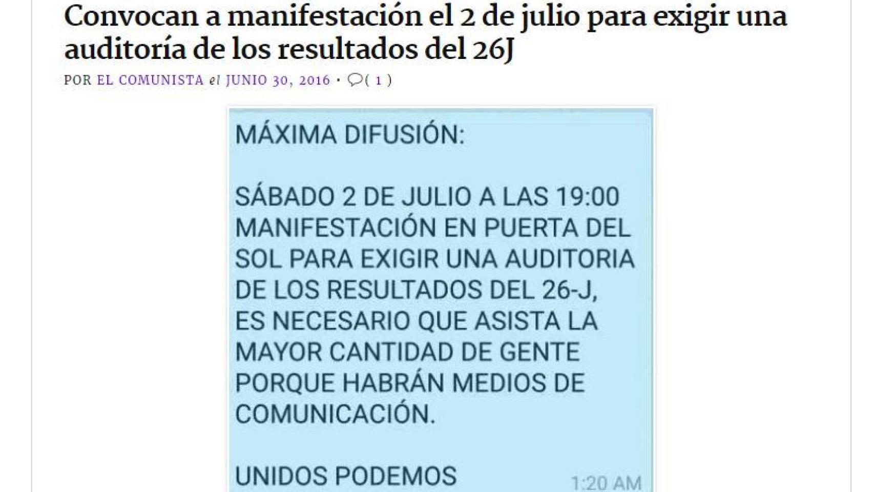 Uno de los mensajes que circuló sobre la convocatoria para denunciar el fraude.