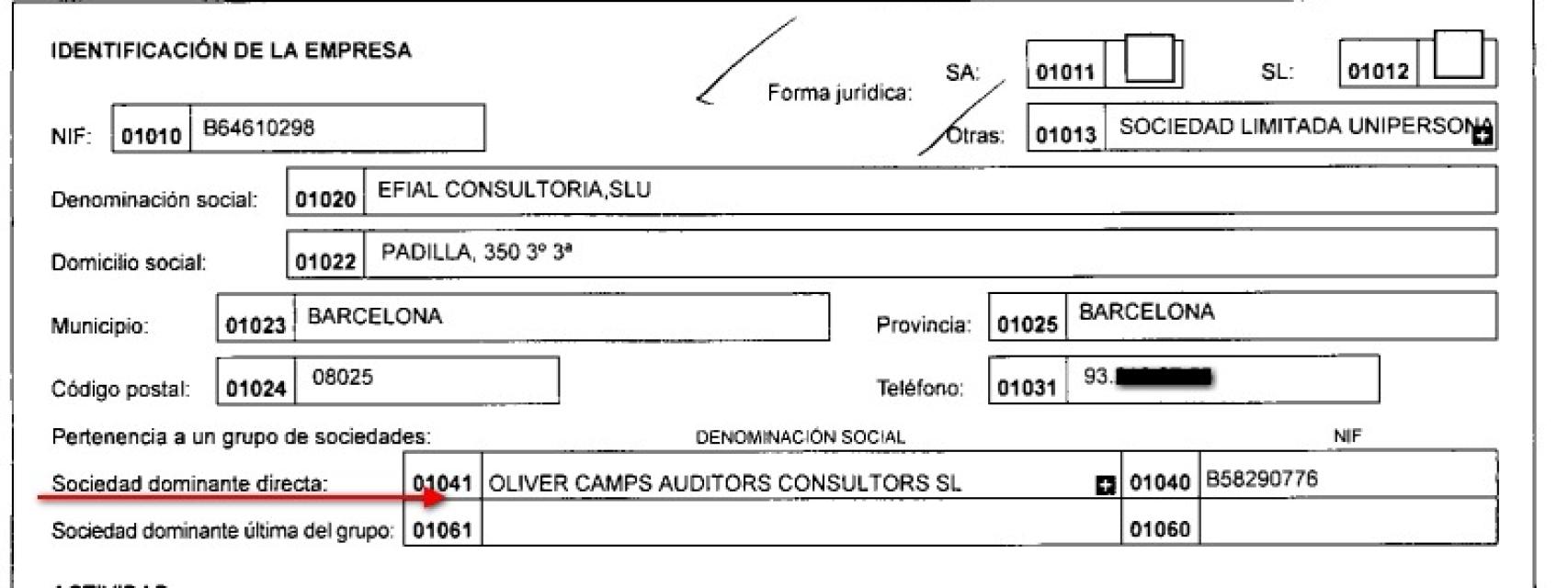 Documento del Registro Mercantil sobre la titularidad de Efial.