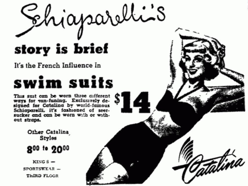 Anuncio de los bikinis de la diseñador Elsa Schiaparelli.