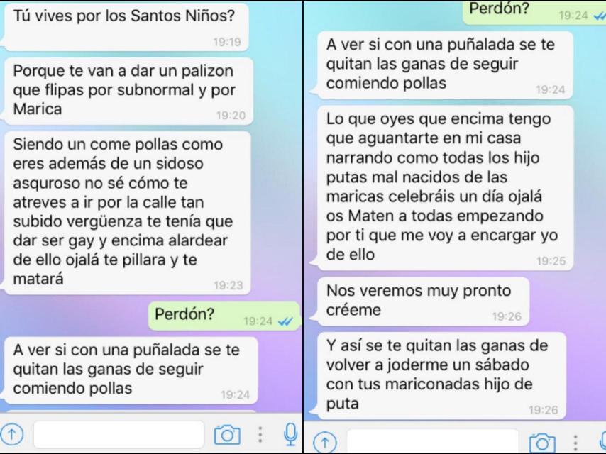 Pantallazos de las amenazas de muerte e insultos homófobos que ha recibido David Enguita