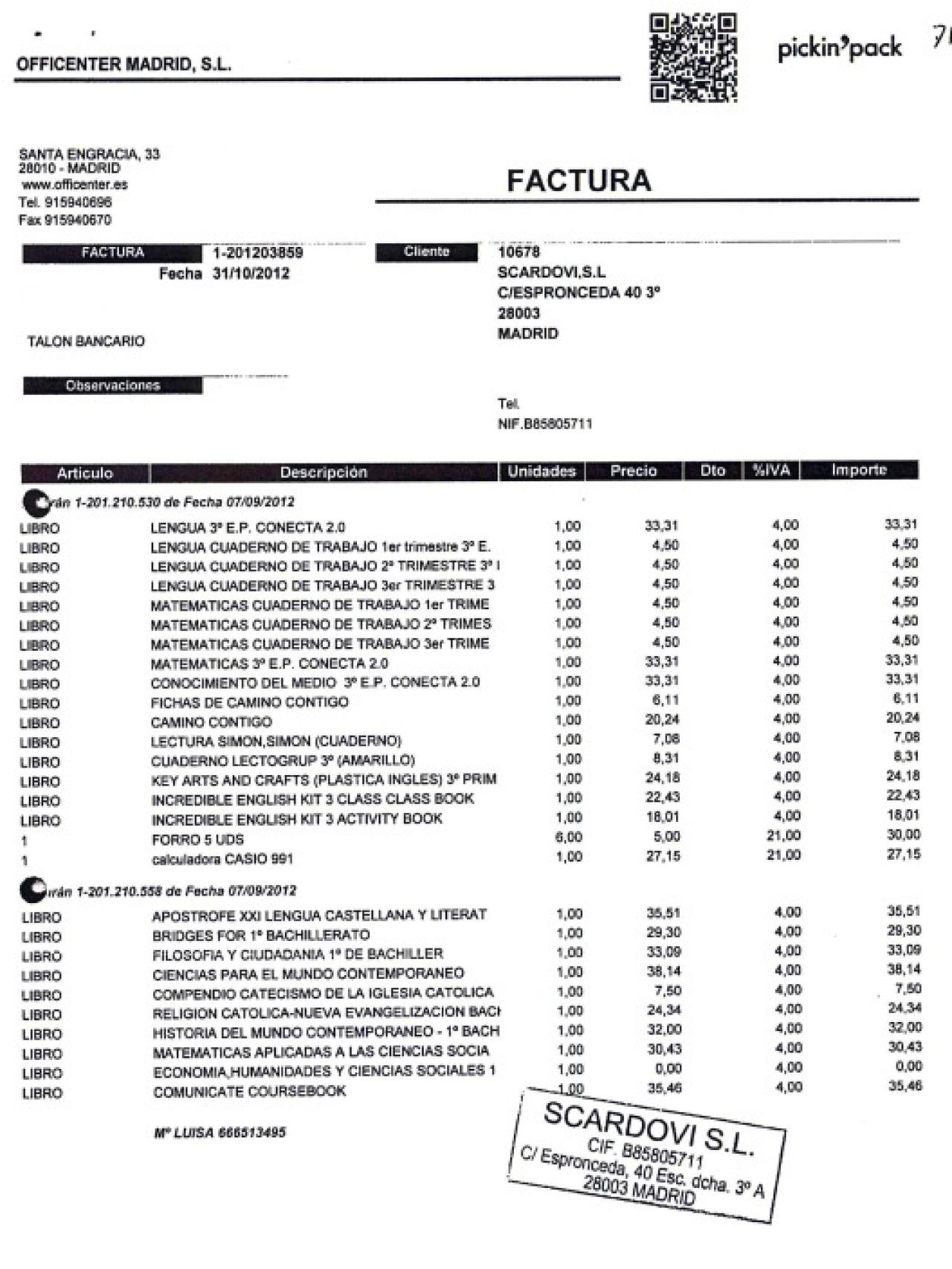 Factura sobre libros de primaria pagados por Scardovi.