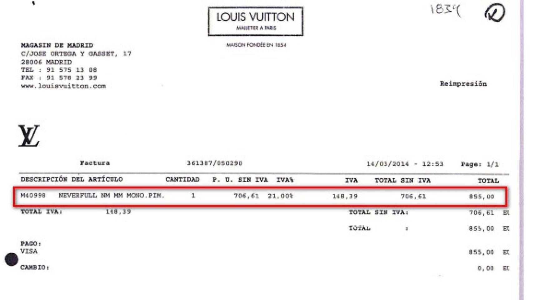 Compra de un bolso de lujo a nombre de la consultora de De la Serna.