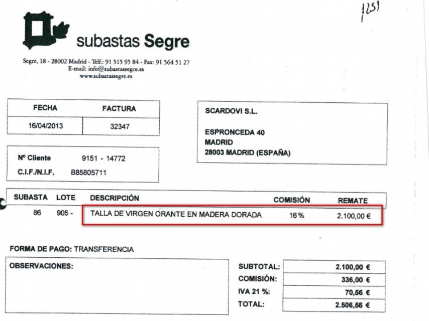 Compra de la talla de una virgen por parte de Scardovi Sl.