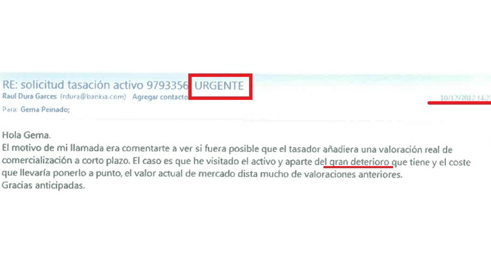 Correo electrónico enviado por Bankia a la empresa tasadora