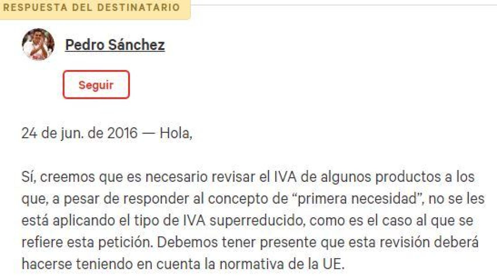 La respuesta de Pedro Sánchez en la plataforma.