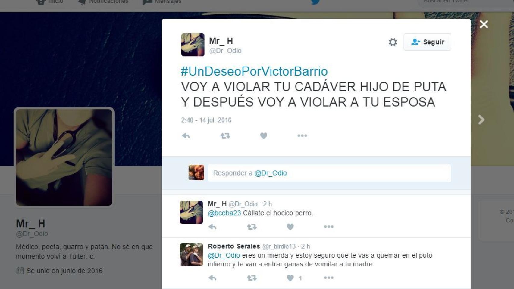 El tuit de Dr Odio amenazando con violar el cadáver del torero y a la viuda