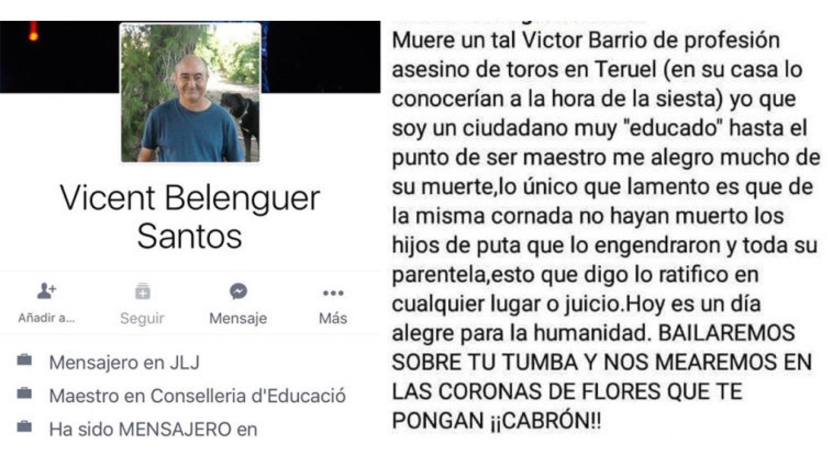 Mensaje en Facebook publicado por Belenguer.