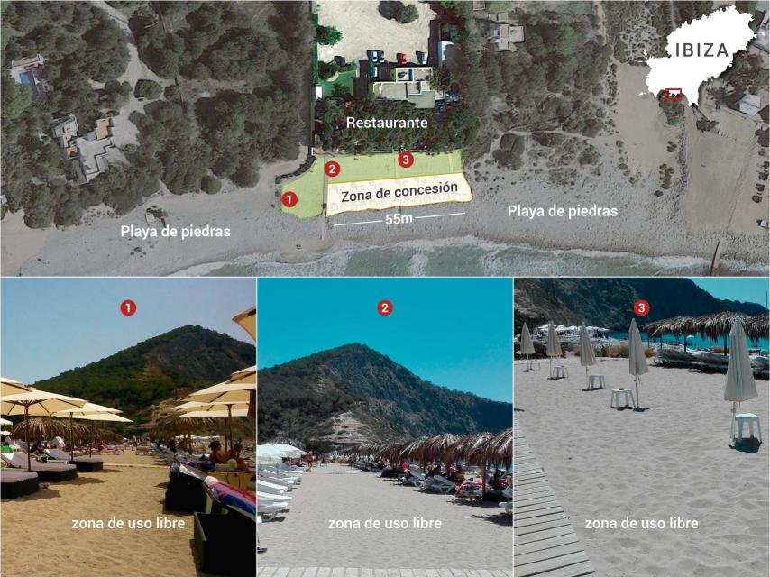 En la imagen con el número 1, tomada en agosto de 2015, se observa cómo la zona de arena sin concesión de Cala des Jondal fue copada con hamacas. En las imágenes 2 y 3, tomadas en julio de 2016, se puede ver el exceso de hamacas en dicha cala.